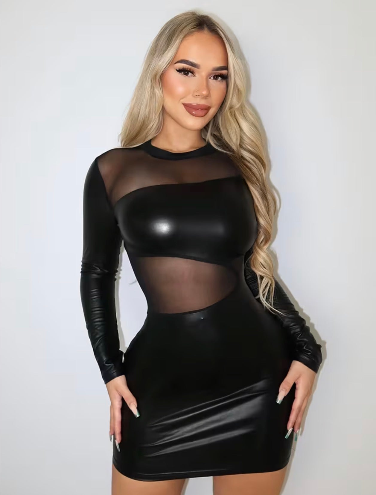 Mesh Panel Faux Leather Bodycon Mini Dress – Long Sleeve Clubwear
