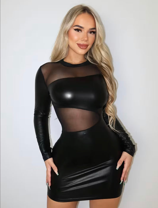 Mesh Panel Faux Leather Bodycon Mini Dress – Long Sleeve Clubwear