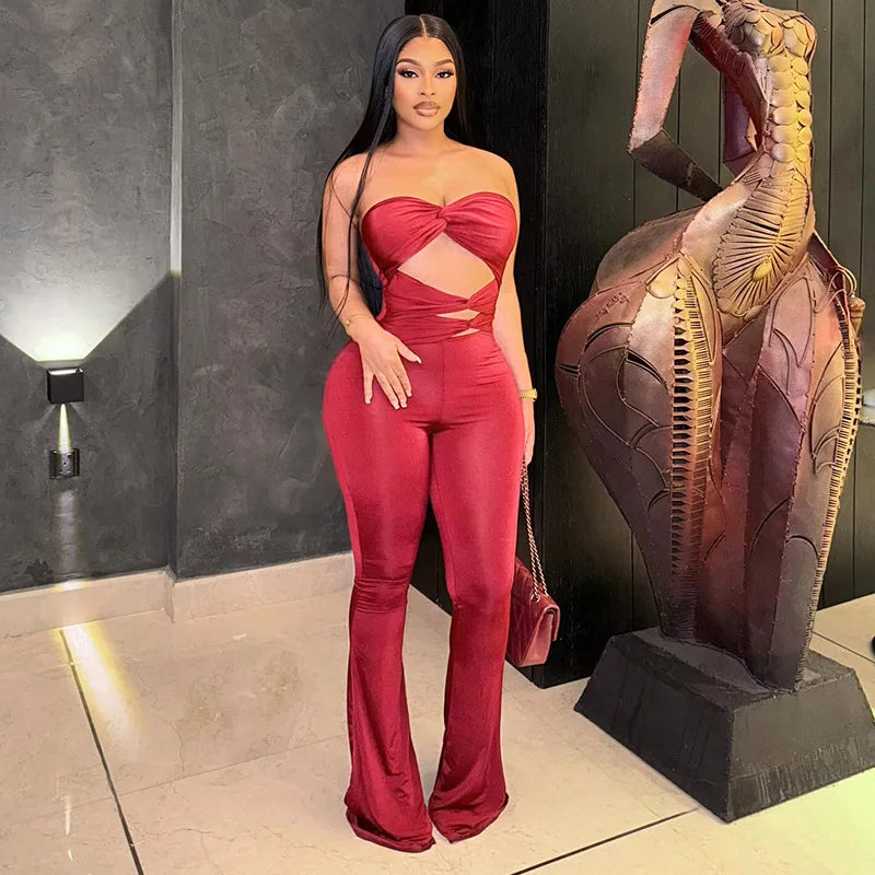 Long Jumpsuit Woman Flared Fitness Jumpsuits for Women Red Off Shoulder Woman Jumpsuit Sexy Sleeveless Backless Overalls